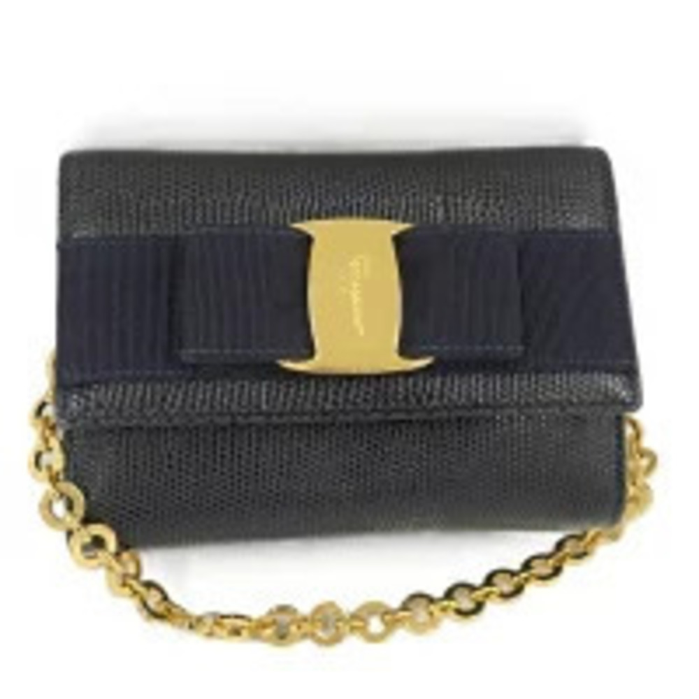 Salvatore Ferragamo Chain Shoulder Bag Vara Ribbon Leather Navy Blue
